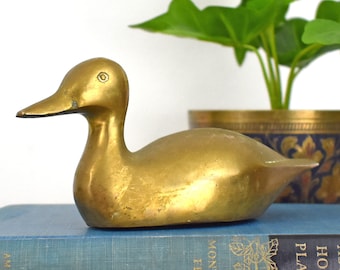 Brass Duck Figurine - Vintage Brass Duck - Desk Paperweight - Tabletop Decor - 6.75" Long