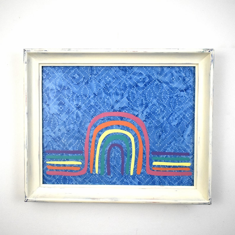 Memo Board Rainbow Decor Magnetic Bulletin Board Wall Organizer White Framed Magnet Board with Rainbow Over Blue Batik Background