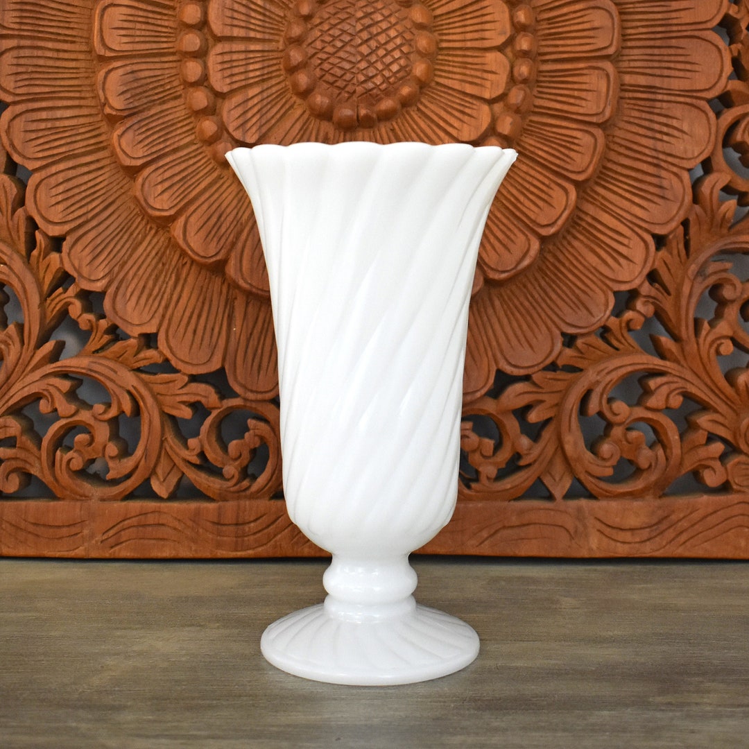 Vintage Milk Glass Vase Tall White Glass Vase With Swirl Etsy