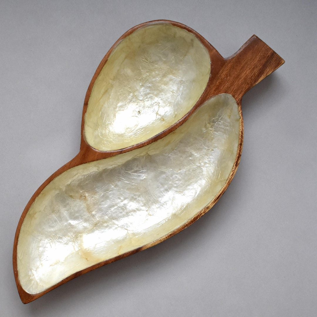Vintage Wood and Capiz Shell Bowl - Leaf Shaped Bowl With Two ...