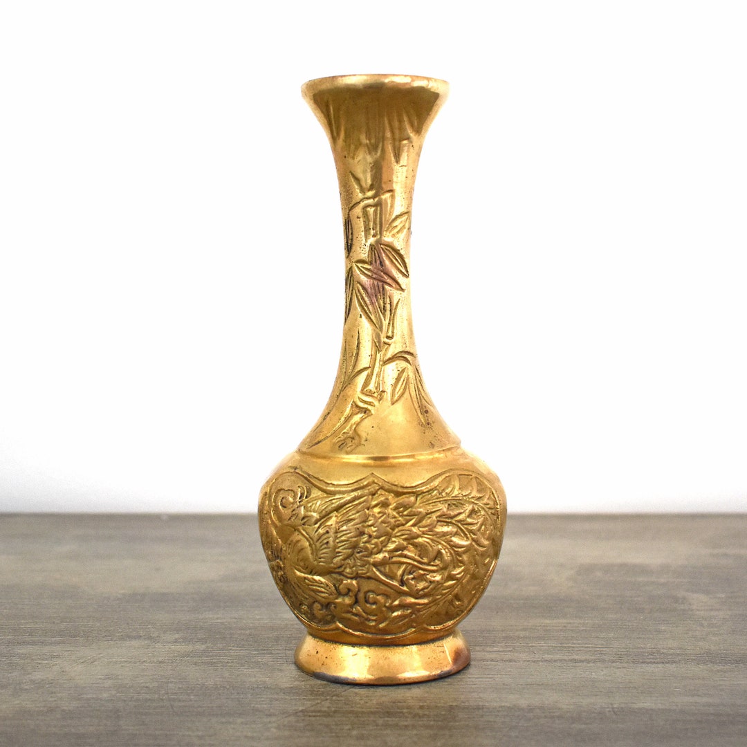 Vintage Brass Vase Gold Tone Vase With Embossed Phoenix or Dragons 7 Tall Tabletop Decor Etsy