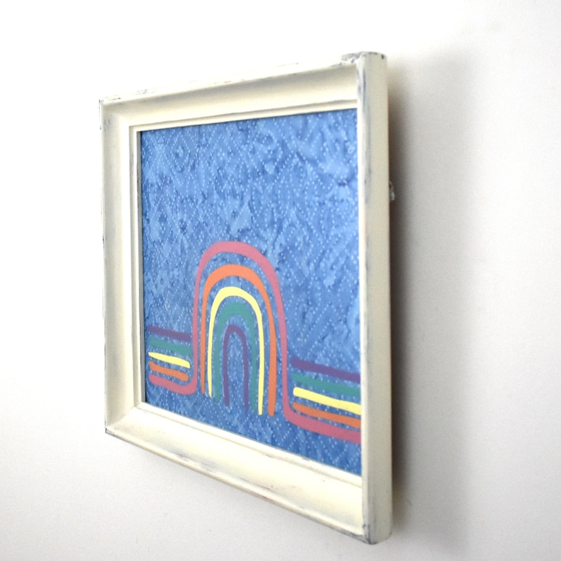 Memo Board Rainbow Decor Magnetic Bulletin Board Wall Organizer White Framed Magnet Board with Rainbow Over Blue Batik Background