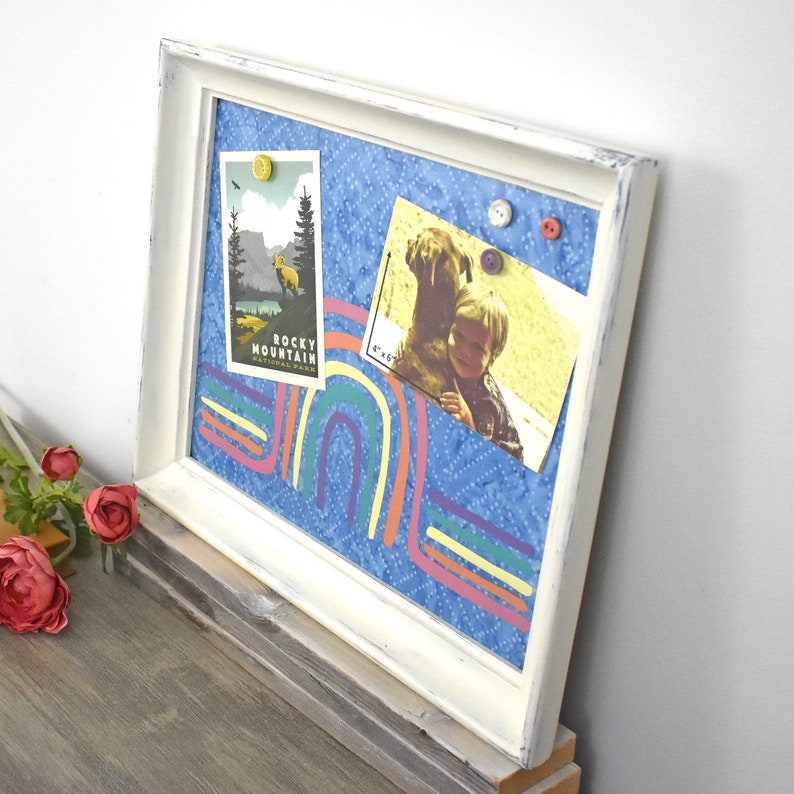 Memo Board Rainbow Decor Magnetic Bulletin Board Wall Organizer White Framed Magnet Board with Rainbow Over Blue Batik Background