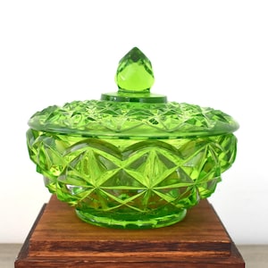 Vintage Green Glass Container with Cube Diamond Pattern - Glass Covered Dish - Cut Green Glass Bowl with Lid - Trinket Box
