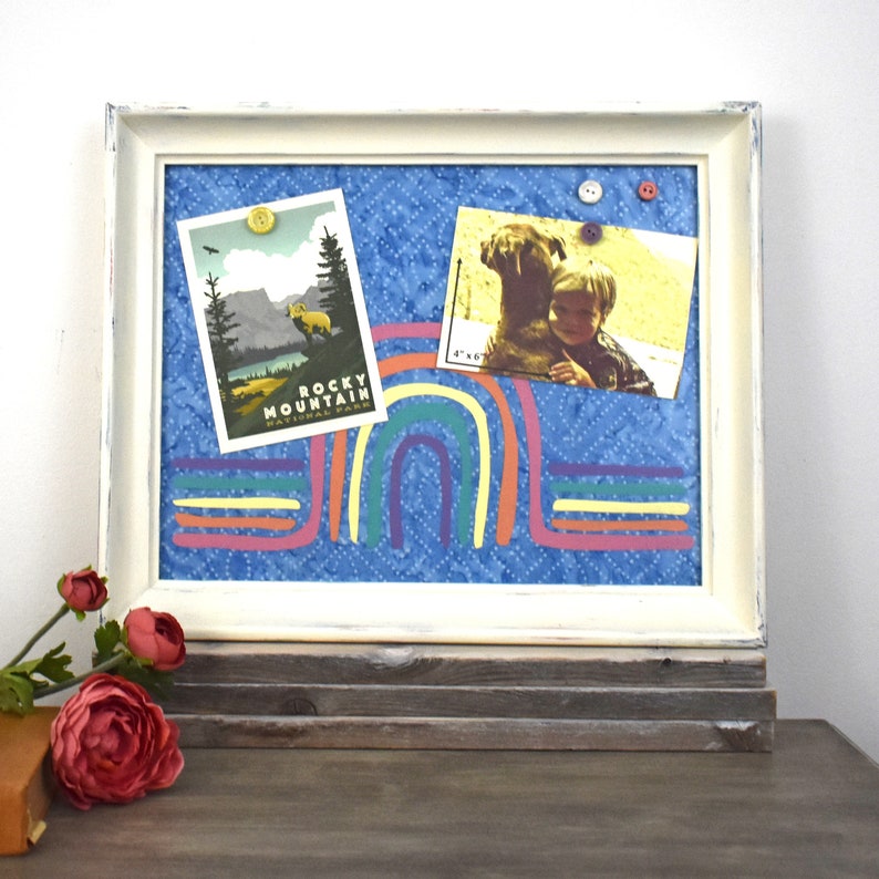 Memo Board Rainbow Decor Magnetic Bulletin Board Wall Organizer White Framed Magnet Board with Rainbow Over Blue Batik Background