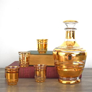 Vintage Decanter Set - Verrerie de Monaco Monte Carlo - Gold and Glass Decanter with Four Glasses -Vintage Barware -Mid-Century Entertaining