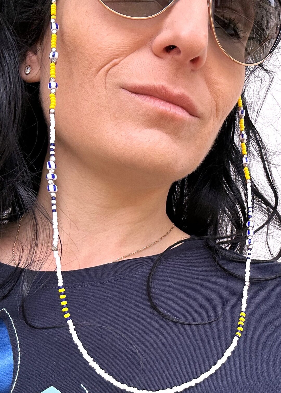 PERSONALISED BEADED YELLOW Blue White Sunglasses Chain for Fresh Vision