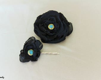 Textil BLACK FLOWER BROOCHE woman vintage,broches organza burn flower hair accessory pin,african flower chifon,ceramic, clip,retro style