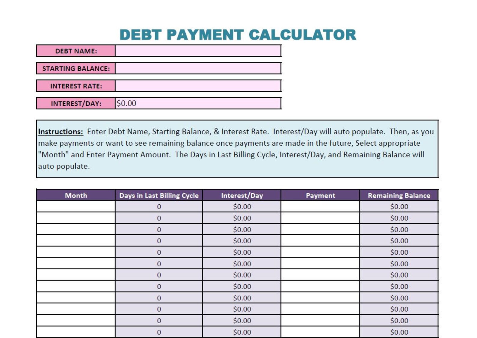 Debt payment calculator xls etsy