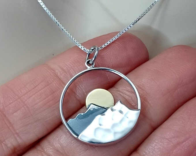 Sunset Mountain Necklace Sterling Silver Sun Moon Charm Pendant Necklaces for women Inspirational Retirement Anniversary Hiking Skiing