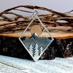 Sterling Silver Mountain Pendant with Moon and Trees, Diamond shaped Mountain Pendant, Mountain Jewelry, Sunrise Pendant, Landscape Pendant