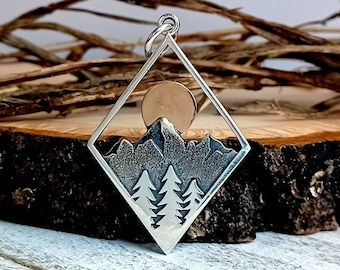 Sterling Silver Mountain Pendant with Moon and Trees, Diamond shaped Mountain Pendant, Mountain Jewelry, Sunrise Pendant, Landscape Pendant