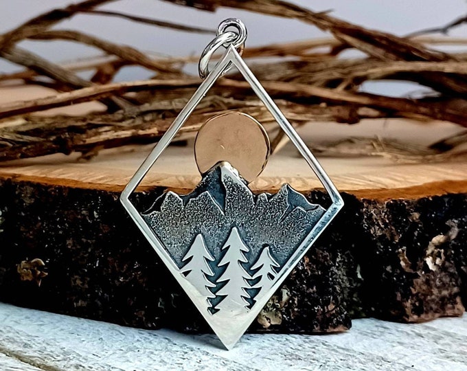 Sterling Silver Mountain Pendant with Moon and Trees, Diamond shaped Mountain Pendant, Mountain Jewelry, Sunrise Pendant, Landscape Pendant
