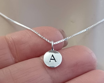 Initial Necklace 925 Sterling Silver Round Initial disc Letter Charm TINY 13x8 Pendant and Silver Chain Personalized Jewelry Gift minimalist