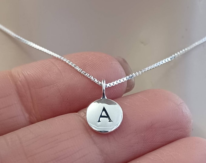 Initial Necklace 925 Sterling Silver Round Initial disc Letter Charm TINY 13x8 Pendant and Silver Chain Personalized Jewelry Gift minimalist