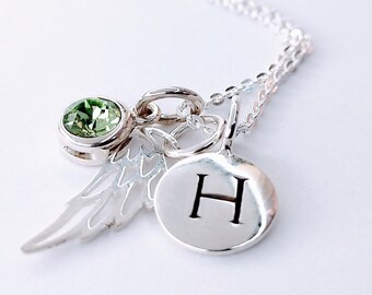 Angel Wing Necklace Sterling Silver Birthstone and Initial Necklace, Personalized, Memorial, Miscarriage Necklace, Sympathy Gift for her