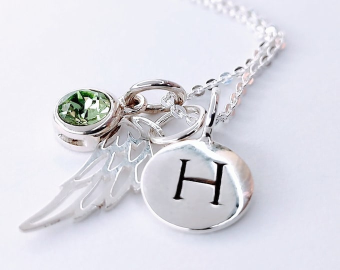 Angel Wing Necklace, 925, Birthstone and Initial Necklace, Personalized, Memorial Necklace, Miscarriage Necklace, Sympathy Gift for her