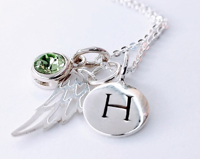 Angel Wing Necklace Sterling Silver Birthstone and Initial Necklace, Personalized, Memorial, Miscarriage Necklace, Sympathy Gift for her