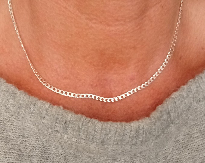 2mm Solid 925 Sterling Silver Italian Curb Chain Necklace 16'' 18'' 20'' 22'' 24'' Genuine Solid 925 Sterling Silver Cuban Curb Link Chain