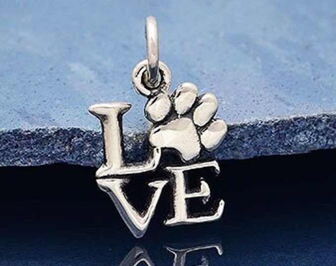Paw Love Charm, Sterling Silver Charm, 925 Sterling Silver TINY Paw print love Dog Cat Pet Lover Memorial Charm Pendant Necklace
