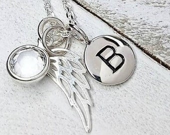 Angel Wing Necklace Sterling Silver, 925, Initial and Birthstone Necklace, Memorial Gift, Memorial Jewelry, Sympathy Gift, Necklace for her