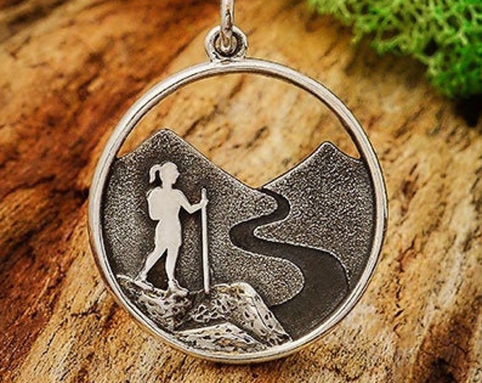 Hiking Charm, Sterling Silver Charm, Sterling Silver Pendant, Hiker Charm, Hiker Gift, Adventure, Hiking in woods Charm, Mountain Charm