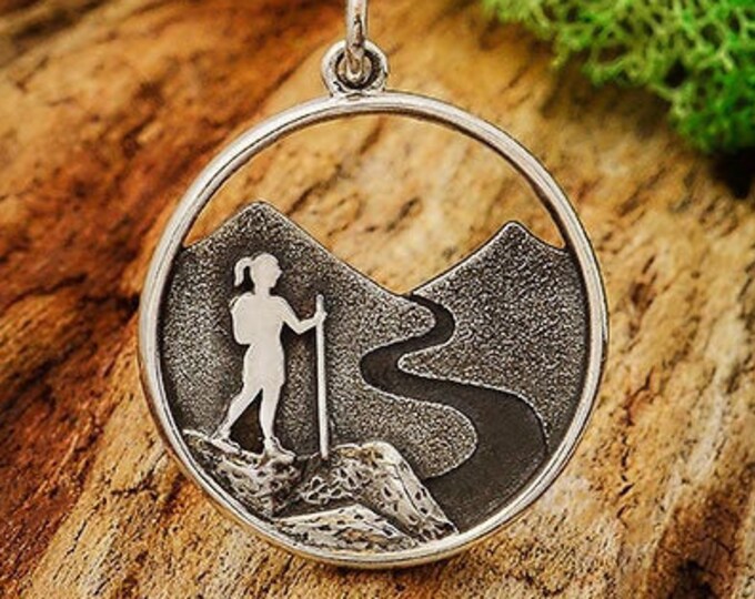 Hiking Charm, Sterling Silver Charm, Sterling Silver Pendant, Hiker Charm, Hiker Gift, Adventure, Hiking in woods Charm, Mountain Charm