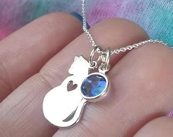 Cat & Birthstone Necklace, Sterling Silver, Birthstone Necklace, Cat Necklace, Cat Jewelry, Necklace for girls, Christmas Gift, Gift for her