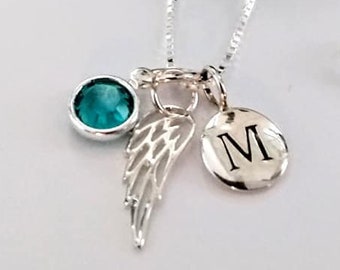 Sterling Silver Angel Wing Necklace, Personalized Sympathy Gift, Birthstone and Initial Necklace, Memorial Necklace, Miscarriage Necklace