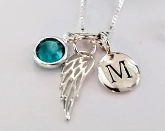 Angel Wing Necklace, Birthstone and Initial Necklace, 925, Sterling Silver, Memorial Necklace, Miscarriage Necklace, Gift for her