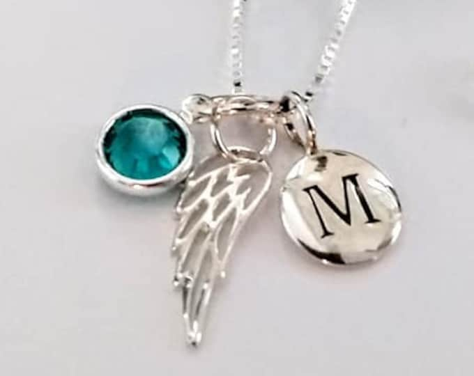 Angel Wing Necklace, Birthstone and Initial Necklace, 925, Sterling Silver, Memorial Necklace, Miscarriage Necklace, Gift for her