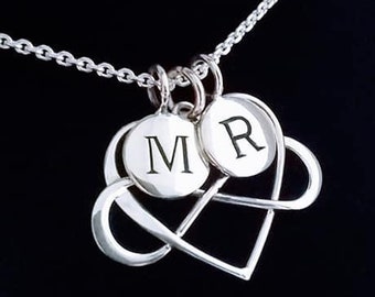 Sterling Silver two Initials with Heart Necklace, Initial Necklace, Initial Charm Necklace, Personalized Necklace, Infinity Heart Necklace