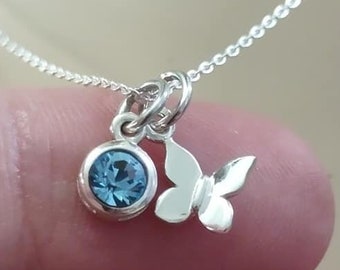 Birthstone Necklace, Sterling Silver, Butterfly Charm, Personalized Jewelry, Granddaughter Necklace, May June Birthday or Grad Gift for her