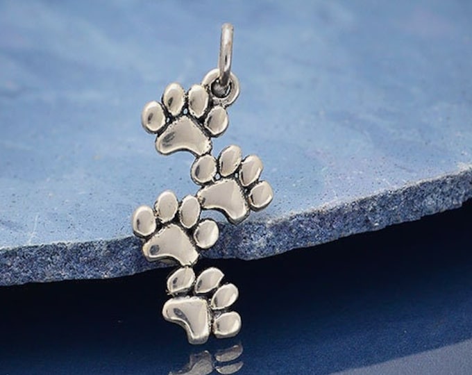 Cascading Paw Sterling Silver Charm, 925 Sterling Silver Paw print love Dog Cat Pet Lover Memorial Charm Pendant Necklace