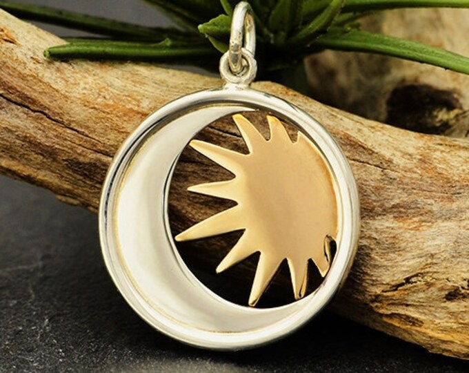 Sun & Moon Charm, Sterling Silver Pendant, Sun and Moon Pendant, Mixed Metal, Sun Charm, Sun Pendant, Moon Pendant, Eclipse Jewelry