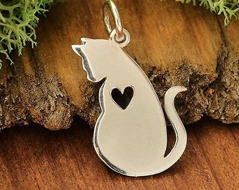 Sterling Silver Cat Charm with Heart Cutout, Cat Silhouette Charm, Cat Charm with Heart, Sterling Silver Cat Charm, Animal Lover Charm, 925