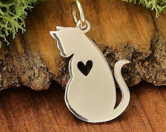 Sterling Silver Cat Charm, Sterling Silver Cat Pendant, Kitten with Heart Charm, Sterling Silver Pendant, Cat lover Gift, Cat Jewelry, 925