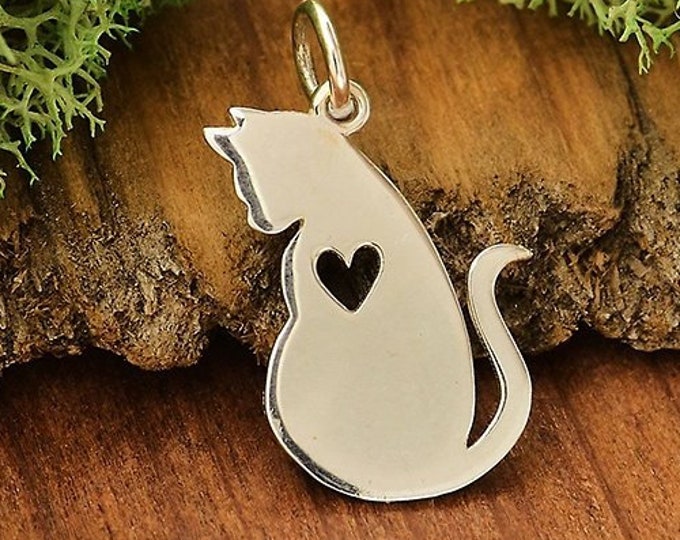 Sterling Silver Cat Charm, Sterling Silver Cat Pendant, Kitten with Heart Charm, Sterling Silver Pendant, Cat lover Gift, Cat Jewelry, 925