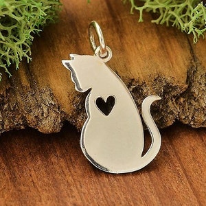 Breloque chat en argent sterling, pendentif chat en argent sterling, chaton avec breloque coeur, pendentif en argent sterling, cadeau pour amoureux des chats, bijoux chat, 925