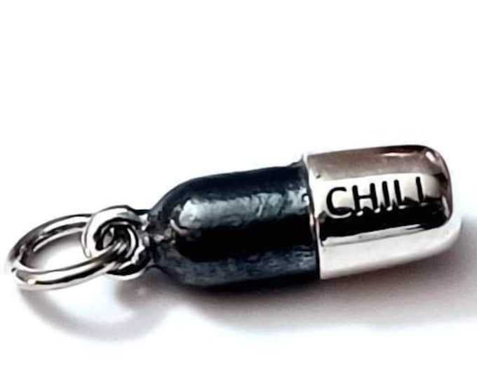 Chill Pill Charm Sterling Silver Take a Chill Pill Anxiety Therapist Counselor Funny Gag Gift 80's 90's Charms for Bracelet, Gift for her