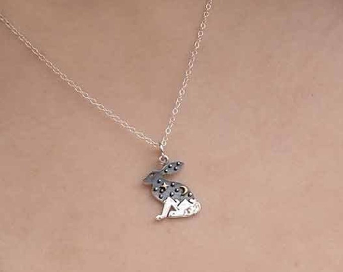 Sterling Silver Hare Charm with Bronze Star and Moon Necklace, Silver Rabbit Charm Pendant with Bronze Star & Moon Necklace, Bunny Necklace