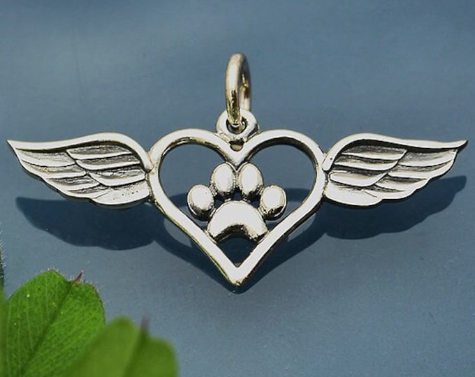 Paw Heart with Angel Wings Charm, Sterling Silver Charm, Sterling Silver Pendant, Pet Memorial, Dog Memorial, Cat Memorial, Gift for her