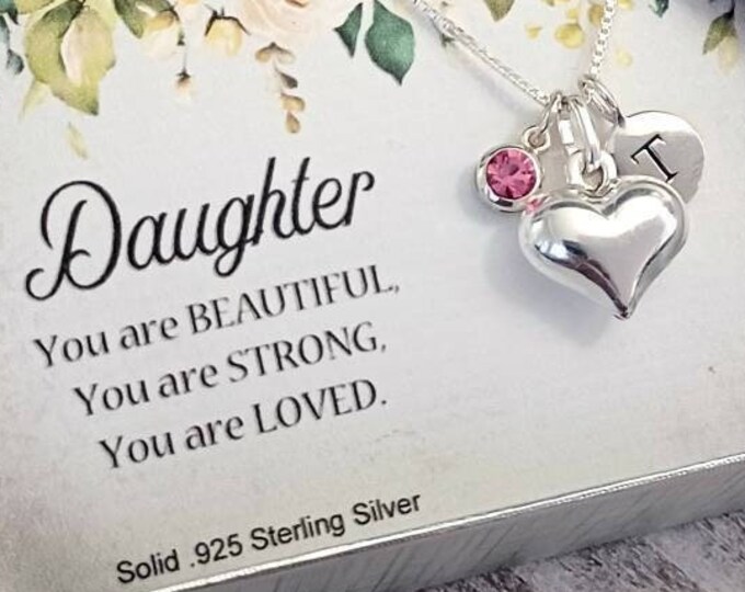 Daughter Necklace Sterling Silver Birthstone Initial Necklace, Daughter Gifts, Personalized Necklace, Birthday Christmas Gifts for Daughter