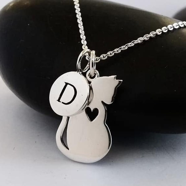 Cat Necklace Sterling Silver, Initial Necklace, Personalized Necklace, Cat Jewelry, Cat Pendant, Cat Charm Necklace, Cat Lovers Gift for her