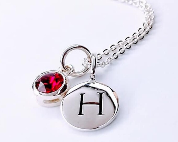 Initial and Birthstone Charm Necklace Sterling Silver, Personalized Necklace, Birthday Gift for her, Letter & July Birthstone Charm Necklace