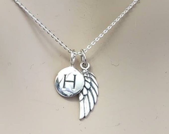 Initial Necklace Sterling Silver, Initial Necklace Silver, Angel Wing Necklace, Memorial Necklace, Memorial Gift, Sympathy Gift for her