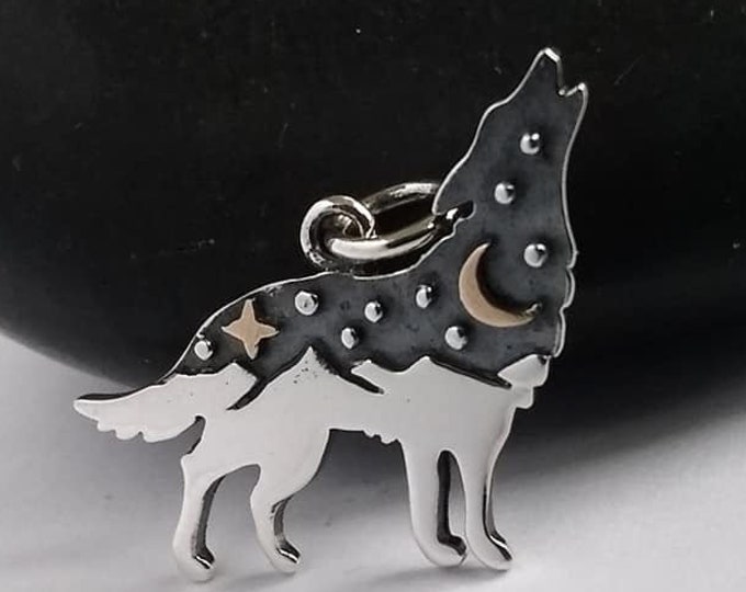 Sterling Silver Wolf in Mountains Charm, Wolf Pendant, 925, Southwestern Jewelry, Pendant for Necklace, Silver Wolf Charm, Gift for her
