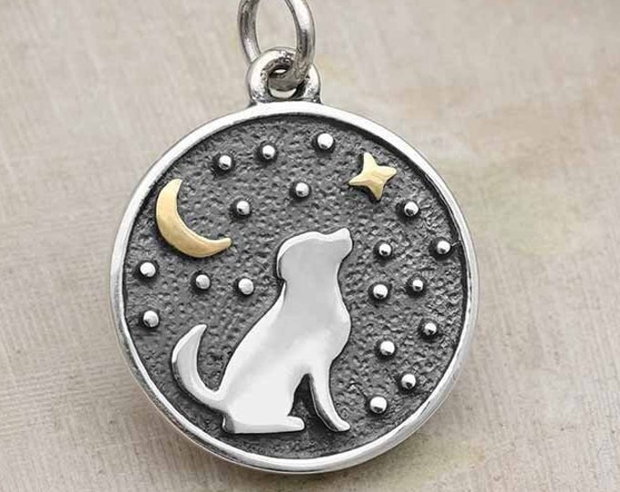Sterling Silver Sitting Dog gazing at moon Charm Pendant