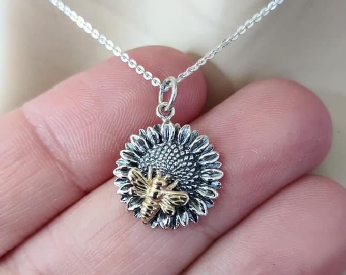 Bee and Sunflower Necklace 925 Sterling Silver, Bee Necklace, Necklace for women, Bee Jewelry, Mixed Metal, Birthday Christmas Gift for her