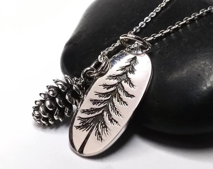 Pinetree and Pinecone Necklace, Sterling Silver Necklaces for women, Pinecone Charm Evergreen Pendant Necklace, Mothers Day gifts